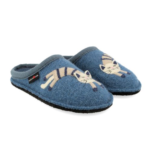 Blue wool slippers with a light grey felt cat on each shoe. Haflinger logo is printed on a tag near the ankle. 