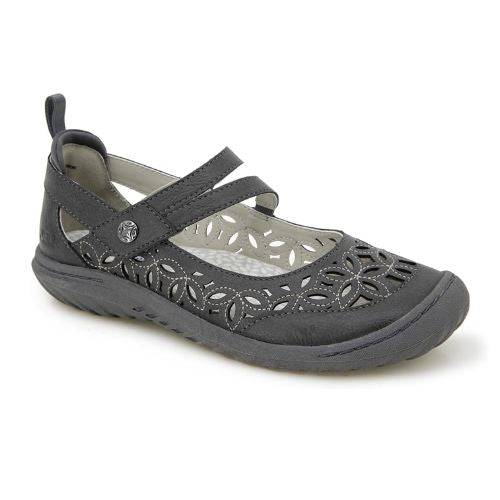 Black Mary-Jane Flat with floral perforations and durable rubber outsole, ideal for casual wear.