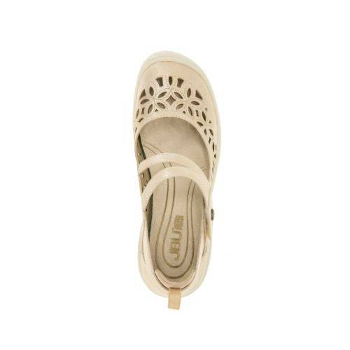 Top view of the beige JBU Bellerose Encore Mary-Jane Flat, highlighting floral perforations and cushioned insole for comfort.