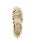 Top view of the beige JBU Bellerose Encore Mary-Jane Flat, highlighting floral perforations and cushioned insole for comfort.