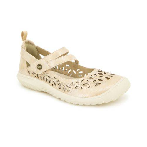 JBU Bellerose Encore Mary-Jane Flat in beige with floral cutouts and a white rubber outsole, perfect for versatile styling.