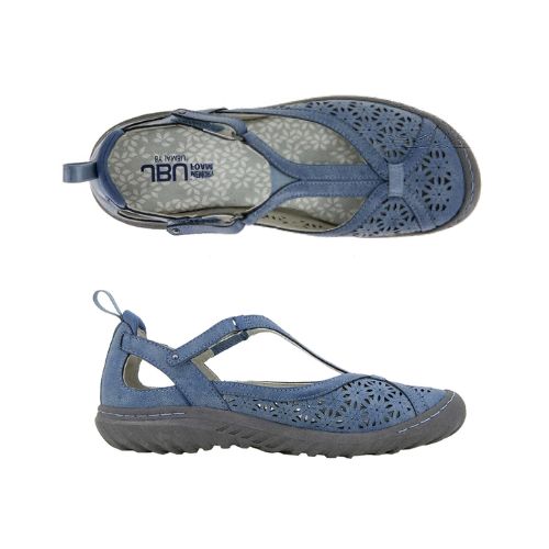 Pair of blue Mary-Jane flats with T-strap sandals with floral cut-outs.