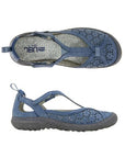 Pair of blue Mary-Jane flats with T-strap sandals with floral cut-outs.