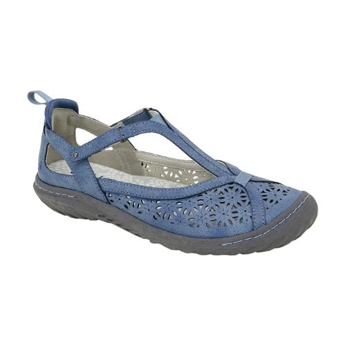 Blue Mary-Jane shoe with floral cut-outs, cross strap, and black rubber outsole.