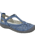 Blue Mary-Jane shoe with floral cut-outs, cross strap, and black rubber outsole.