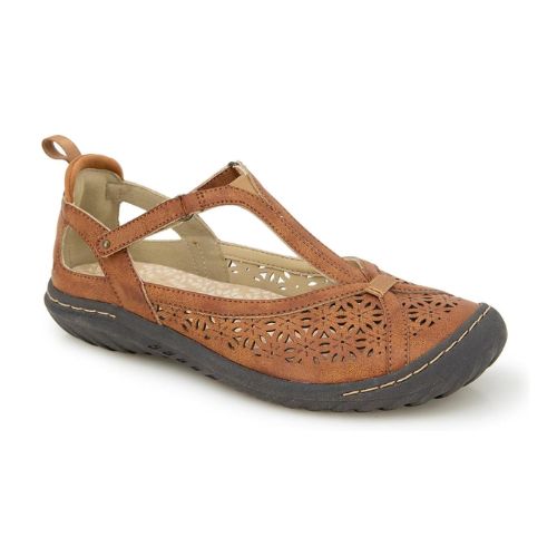 A Mary-Jane Flat with floral cut-out design, adjustable strap, and durable outsole.