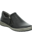 Caren 23 Sneaker in black. Black leather upper with a side zipper, grey midsole, and black outsole. 