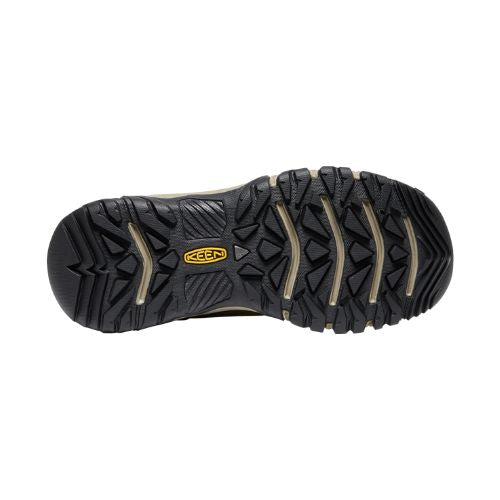 Black rubber outsole with deep tread. Yellow KEEN logo is in the center. 