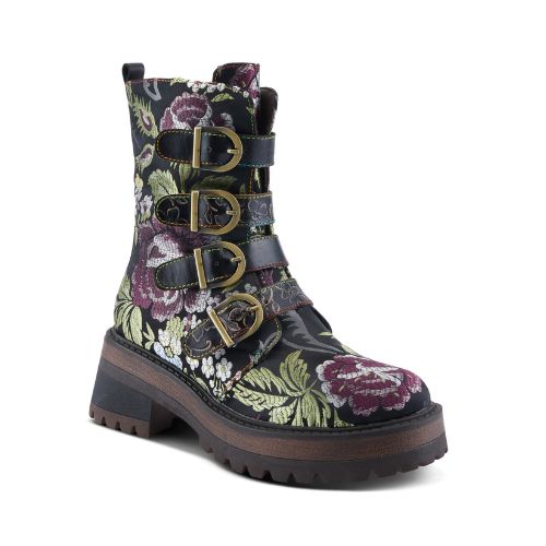 A black combat boot with a purple and green floral upper, and 4 decorative straps with oversized brass buckles. Platform outsole is brown.