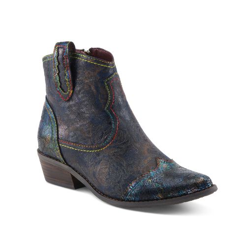 Textured navy leather ankle boot with a pointed toe and metallic finish. Features rainbow detail stitching. 