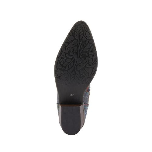 Black rubber outsole with embossed floral pattern.