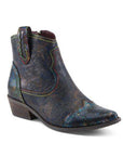 Textured navy leather ankle boot with a pointed toe and metallic finish. Features rainbow detail stitching. 