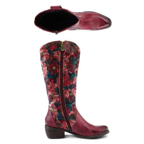 Top and side view of the Rodeoqueen tall boot, displaying the inside zipper and narrow square toe. 