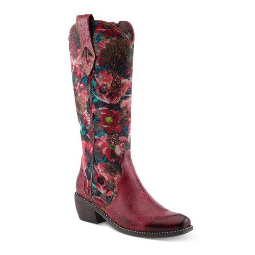 Rodeoqueen knee-height boot. Features a vibrant multicolour floral vamp, red embossed leather at the instep and toe, and a brown stacked heel. 