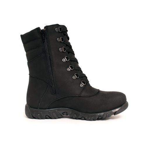 Black mid-height winter boot with black laces, inside zipper and a black outsole. 