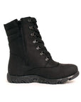 Black mid-height winter boot with black laces, inside zipper and a black outsole. 