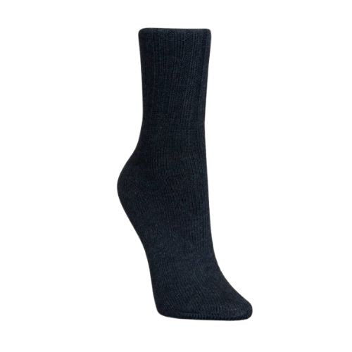 The Womens Weekender Combed Cotton Crew Sock in dark gray features a ribbed texture and reinforced heel, displayed upright against a plain white background.