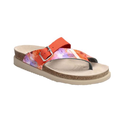 Mephistos Helen Thong Sandal: Colorful with an orange strap, buckle, cork latex footbed, cork sole on white background.