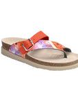 Mephistos Helen Thong Sandal: Colorful with an orange strap, buckle, cork latex footbed, cork sole on white background.