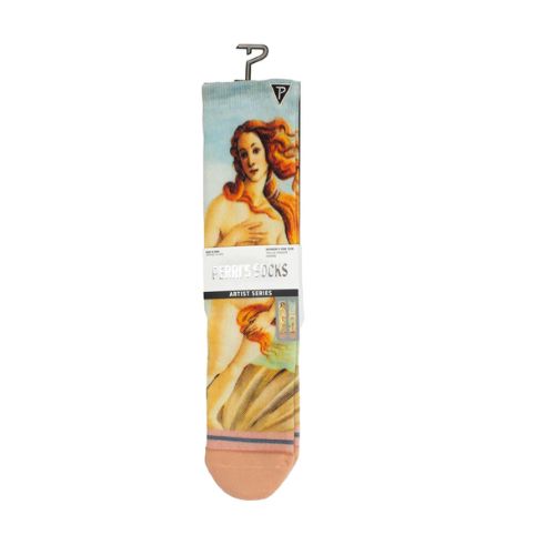 Birth of Venus painting on a pair of socks in package.