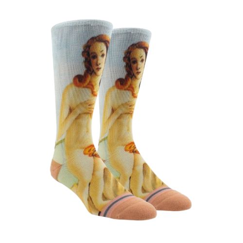 The Birth of Venus painting on a pair of socks.