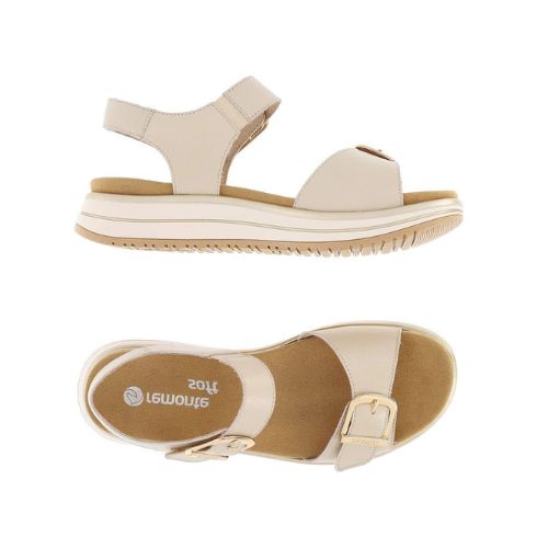 A pair of beige leather sandals with adjustable straps and gold buckles.