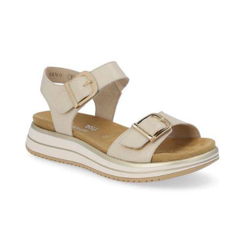 Beige Remonte back strap sandal with adjustable ankle strap and gold buckles.