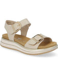 Beige Remonte back strap sandal with adjustable ankle strap and gold buckles.