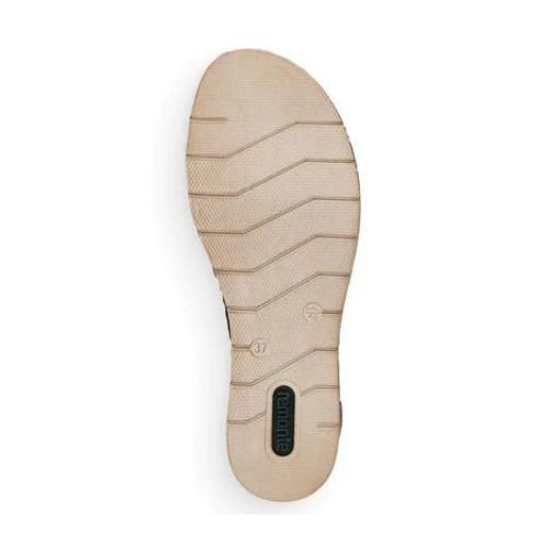 Beige rubber outsole with green Remonte logo on heel.