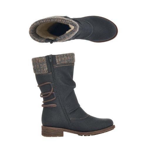 Remonte D8070 black mid-calf boots with brown cuffs, side laces, and a water-repellent membrane.