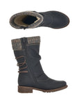 Remonte D8070 black mid-calf boots with brown cuffs, side laces, and a water-repellent membrane.