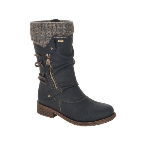 The Remonte D8070 Mid-Calf Boot is black with a brown sole, side zipper, decorative straps, and water-repellent membrane.