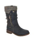 The Remonte D8070 Mid-Calf Boot is black with a brown sole, side zipper, decorative straps, and water-repellent membrane.