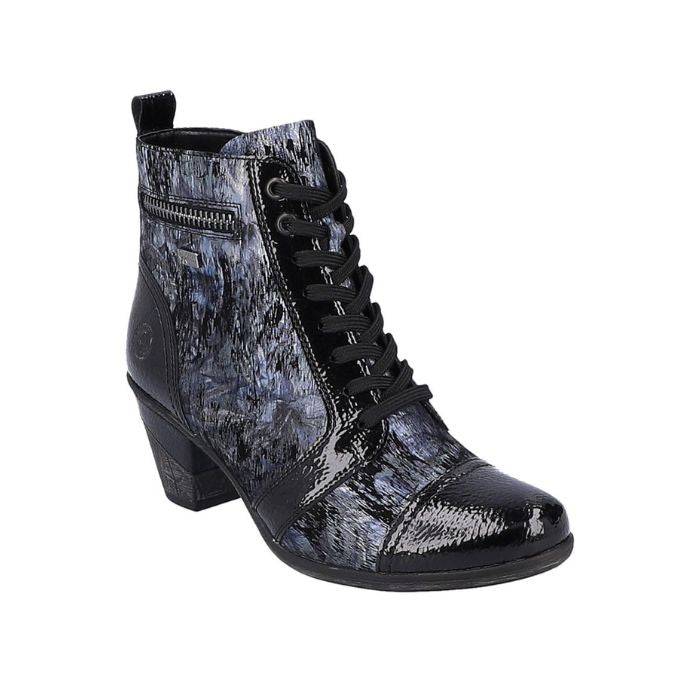 Heeled ankle boot in blue and black with black patent toe cap.