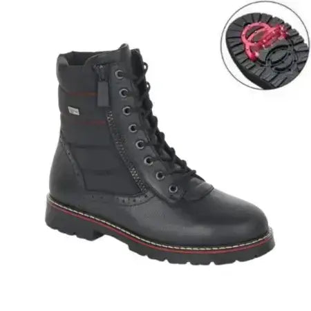 Women's black winter boot with adjustable laces and zipper closure