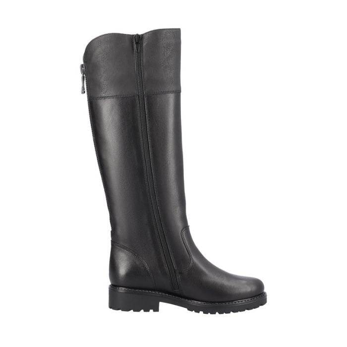 Tall black leather riding style boot.