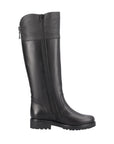 Tall black leather riding style boot.