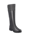 Tall black leather riding style boot.