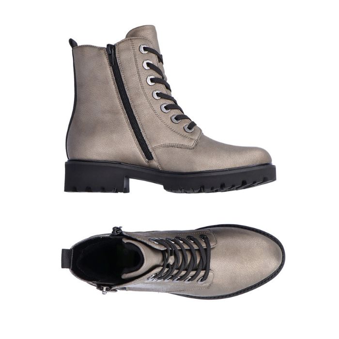 Gold l leather combat style boots with black laces, black lugged outsole and black outside zipper.