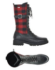 Side and top view of black mid-calf boot with red plaid design and rugged sole.