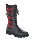 Black mid-calf lace-up boot with red plaid accents and buckle detail.