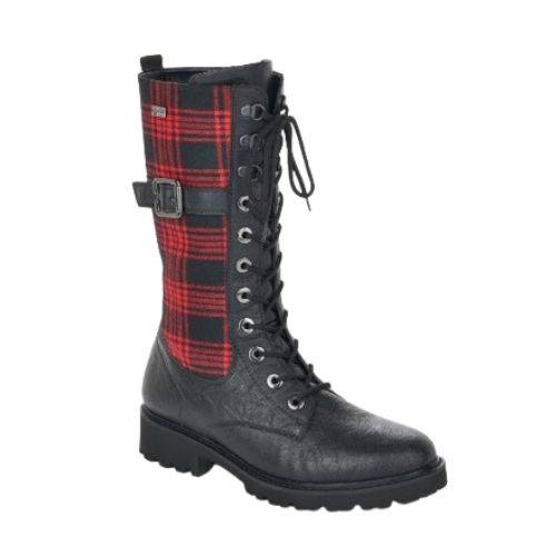 Black mid-calf lace-up boot with red plaid accents and buckle detail.