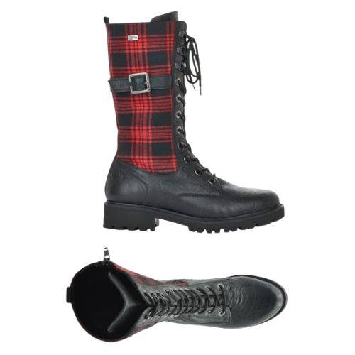 Side and top view of black mid-calf boot with red plaid design and rugged sole.