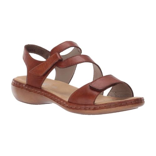 Brown sandal with Velcro toe strap and Velcro loop ankle strap with slight block heel and tan footbed