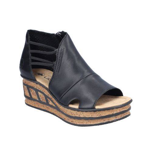 A single black platform wedge sandal with a closed upper, open toe, and decorative side cutouts. 