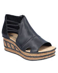 A single black platform wedge sandal with a closed upper, open toe, and decorative side cutouts. 