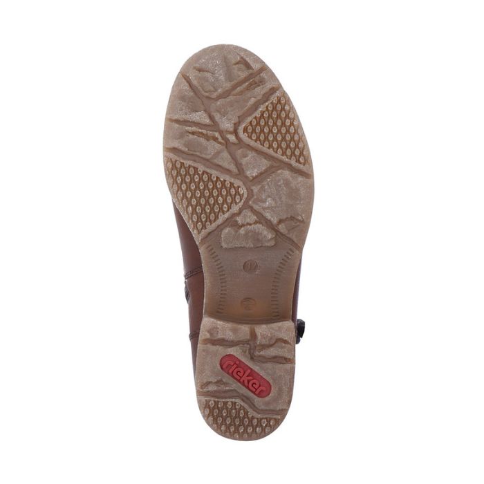 Brown rubber outsole with red Rieker logo on heel.