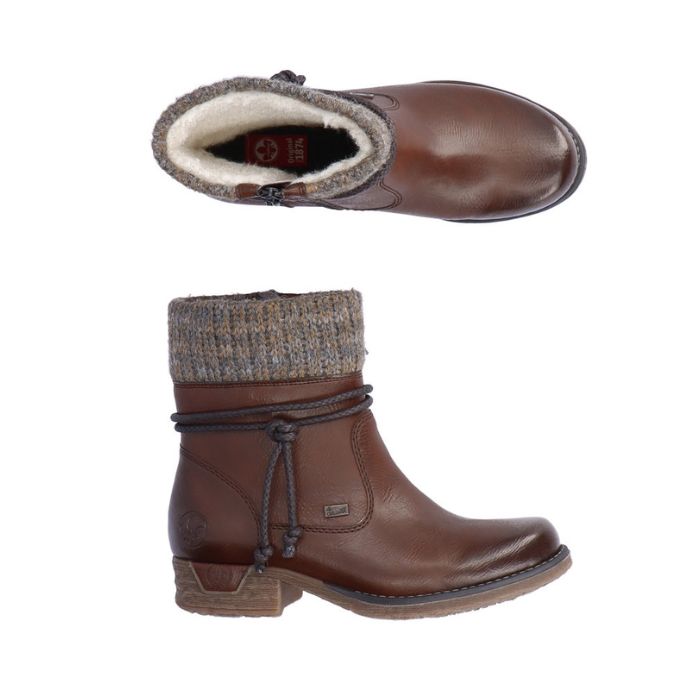 Brown  ankle boot with knit trim and decorative warp around rope by Rieker