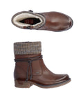 Brown  ankle boot with knit trim and decorative warp around rope by Rieker