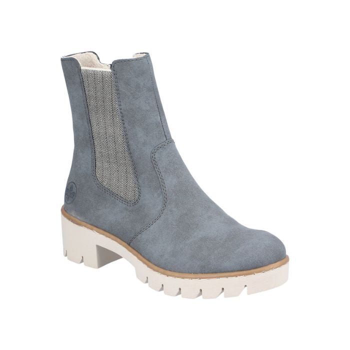 A Rieker blue Chelsea boot with platform lugged white outsole.